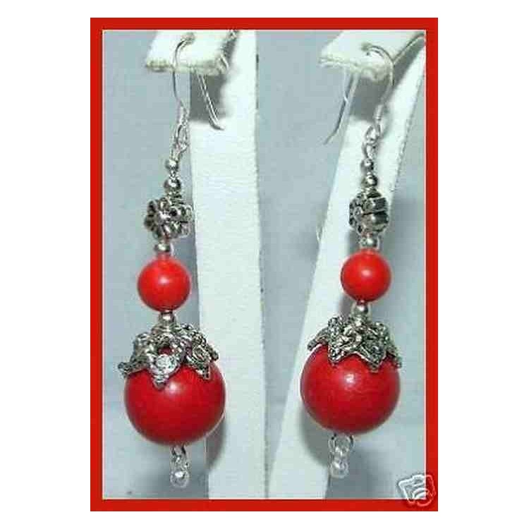 NSA|925 silver ethnic earrings with calibrated red coral paste pearls