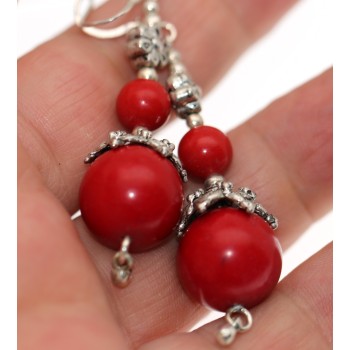 NSA|925 silver ethnic earrings with calibrated red coral paste pearls