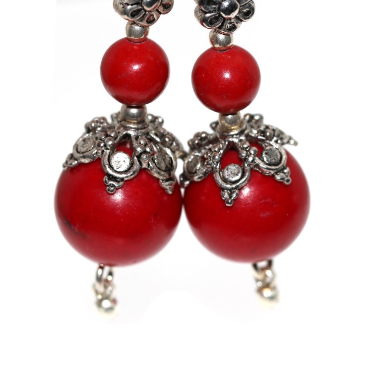 NSA|925 silver ethnic earrings with calibrated red coral paste pearls