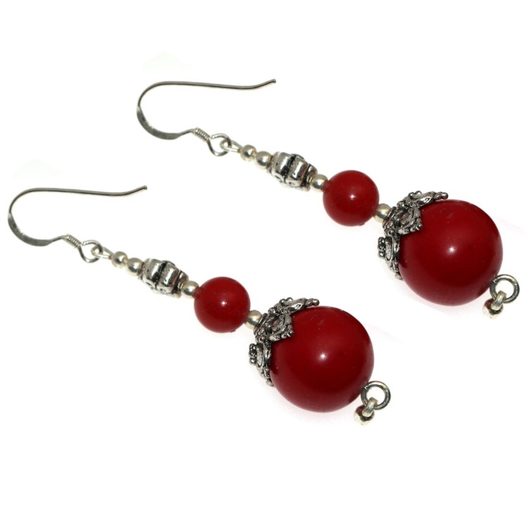 NSA|925 silver ethnic earrings with calibrated red coral paste pearls