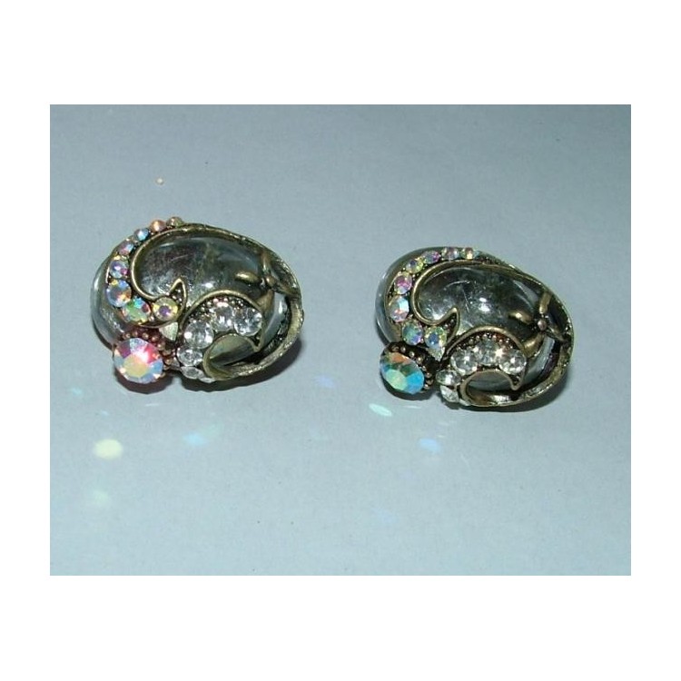NSA|Jewelery earrings clips silver and antiqued carbochon resin and rhinestones
