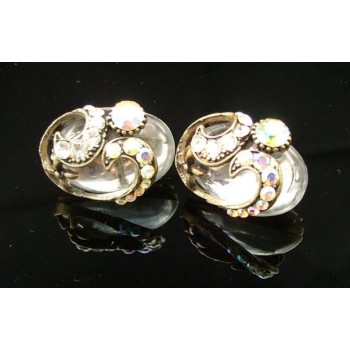 NSA|Jewelery earrings clips silver and antiqued carbochon resin and rhinestones