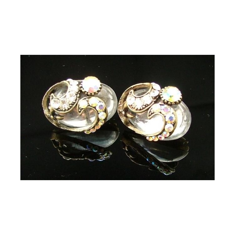 NSA|Jewelery earrings clips silver and antiqued carbochon resin and rhinestones