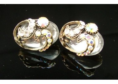 NSA|Jewelery earrings clips silver and antiqued carbochon resin and rhinestones