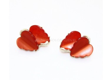 NSA|VINTAGE orecchini donna dorati clips con doppia foglia in lucite rossa