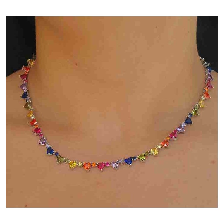 NSA|NALBORI 925 silver tennis colored hearts necklace and rainbow zircons