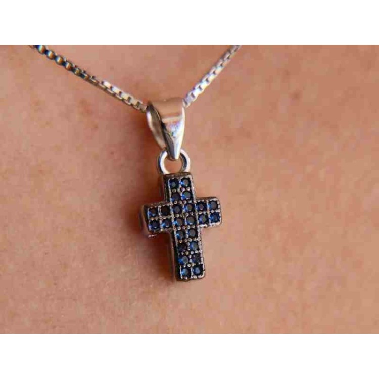 NSA|Collana argento 925 croce piccola zirconi blu rodio rutenio zaffiro nalbori