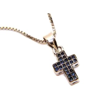 NSA|Collana argento 925 croce piccola zirconi blu rodio rutenio zaffiro nalbori