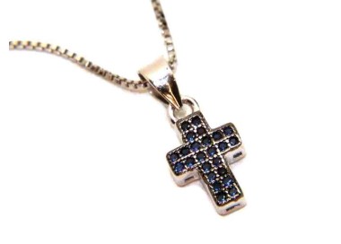 NSA|Collana argento 925 croce piccola zirconi blu rodio rutenio zaffiro nalbori