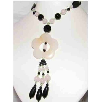 NSA|long bijouterie necklace with pearls and pink and black glass flower for women