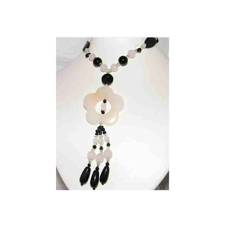 NSA|long bijouterie necklace with pearls and pink and black glass flower for women
