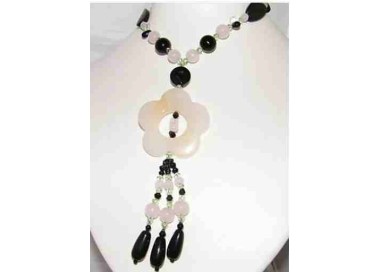 NSA|long bijouterie necklace with pearls and pink and black glass flower for women