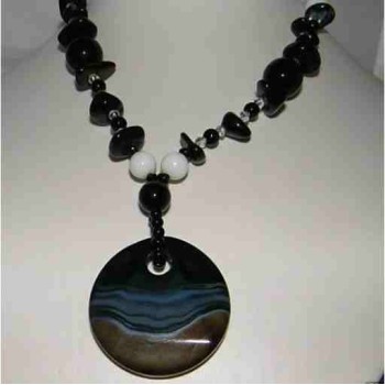 NSA|long ethnic woman necklace with black and white glass beads and pendant disc 70 cm
