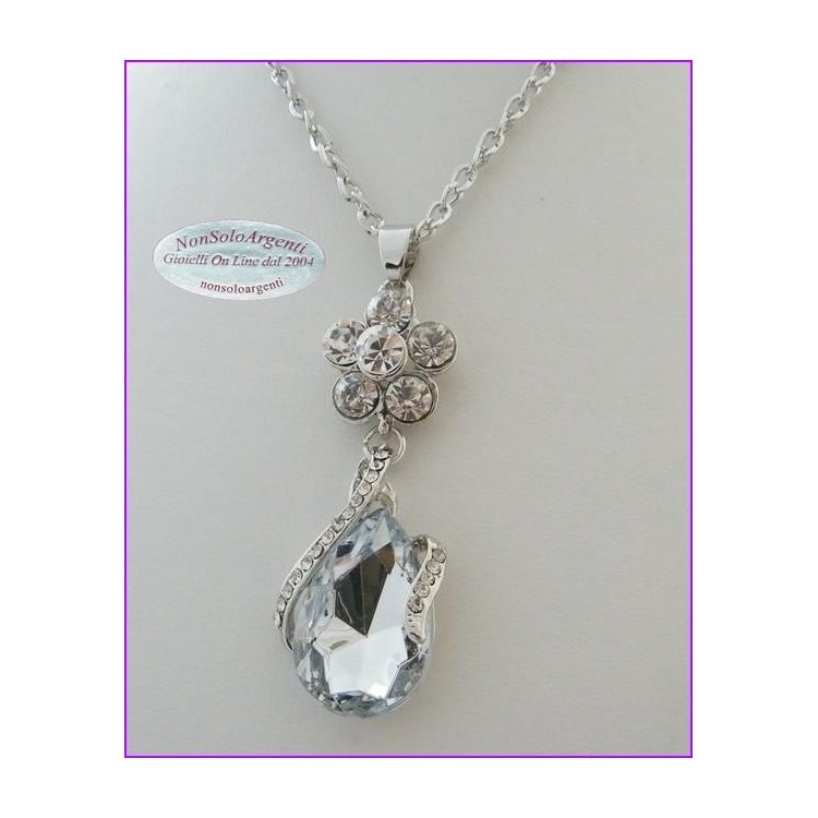 NSA|woman rolo 'long chain necklace twisted silver laminated drop pendant with rhinestones