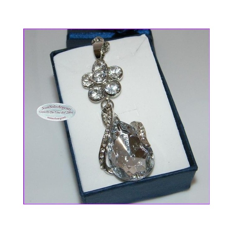 NSA|woman rolo 'long chain necklace twisted silver laminated drop pendant with rhinestones
