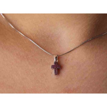 NSA|925 silver necklace with small cross with red rhodium ruthenium zircons