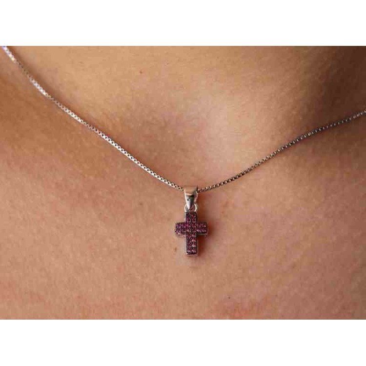 NSA|NALBORI Collana argento 925 croce piccola zirconi rubin rodiata