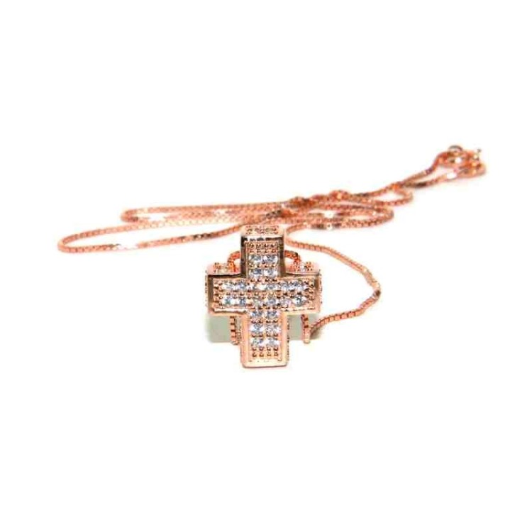 NSA|925: Necklace Collier man woman Venetian 3D and cross studded with zirconia rose gold