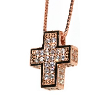 NSA|Collana argento 925 croce 3D zirconi bagno oro rosa donna