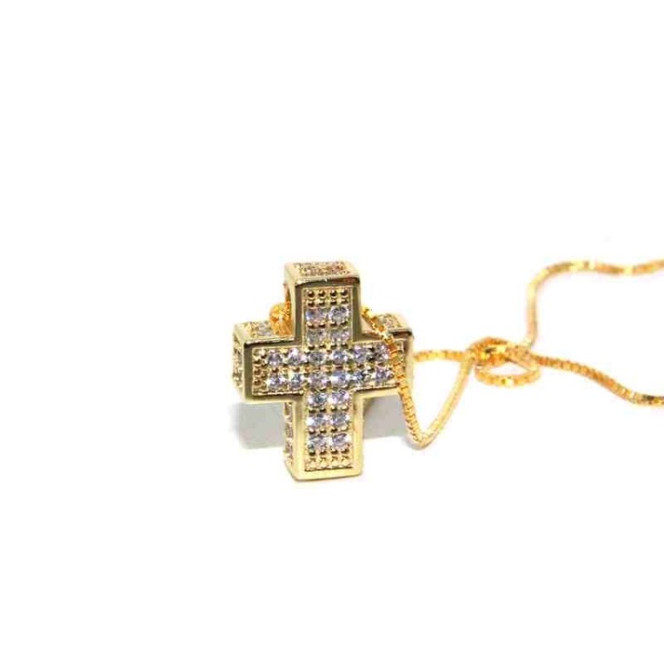 NSA|925: Necklace Collier man woman Venetian 3D and cross studded with zirconia yellow gold