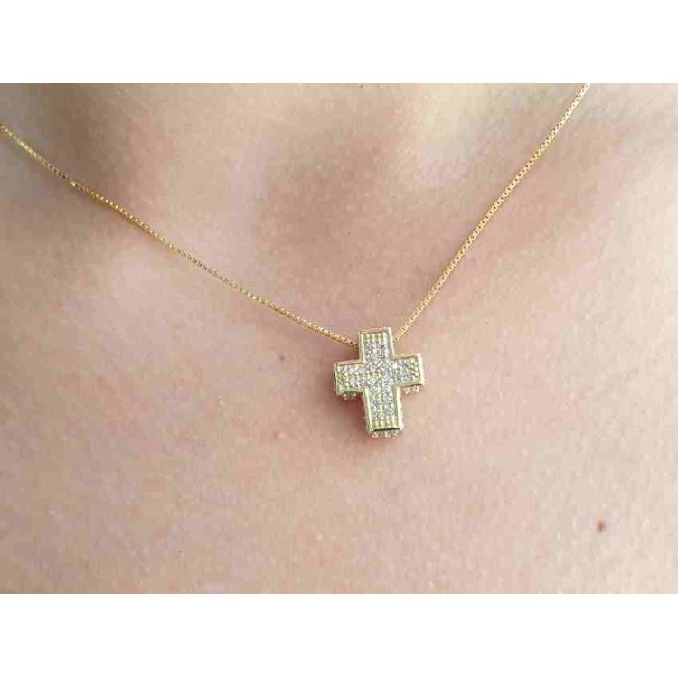 NSA|Collana argento 925 croce 3D uomo donna pavè di zirconi bagno oro giallo