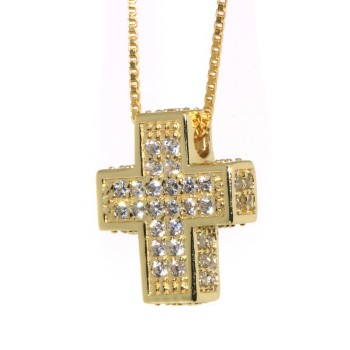 NSA|925: Necklace Collier yellow gold rose Venetian 3D and cross studded with zirconia