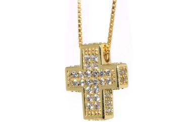 NSA|925: Necklace Collier yellow gold rose Venetian 3D and cross studded with zirconia