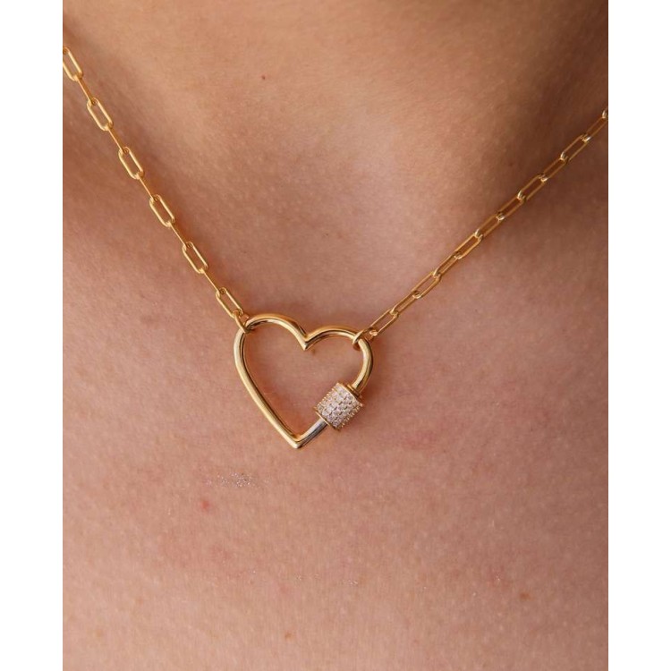 NSA|Heart necklace with zircons, 925 silver, yellow gold plated, woman staples NALBORI