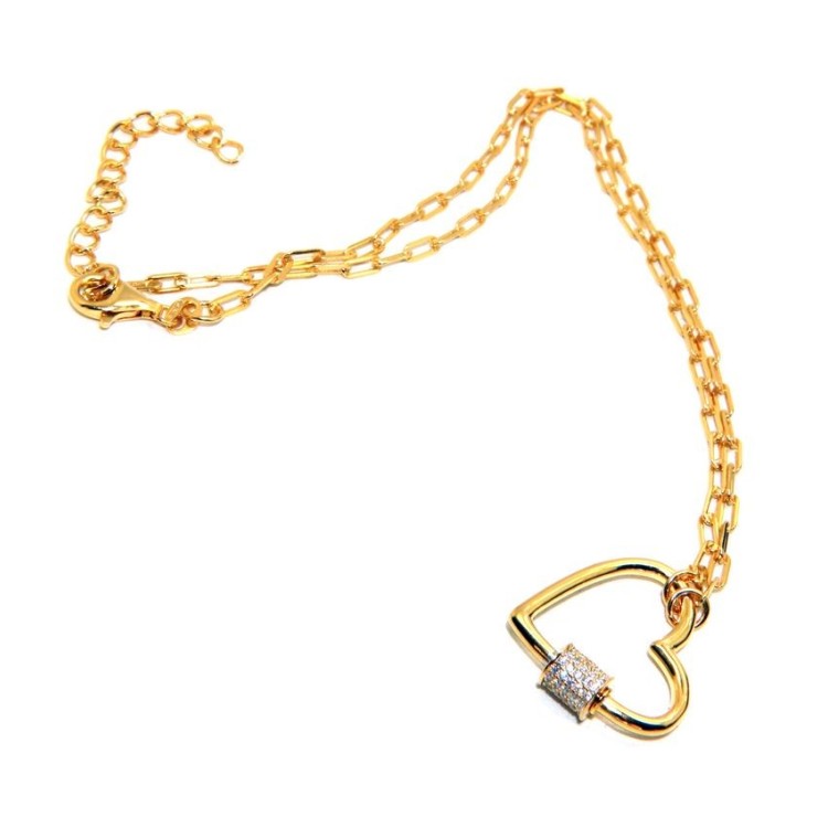 NSA|Heart necklace with zircons, 925 silver, yellow gold plated, woman staples NALBORI