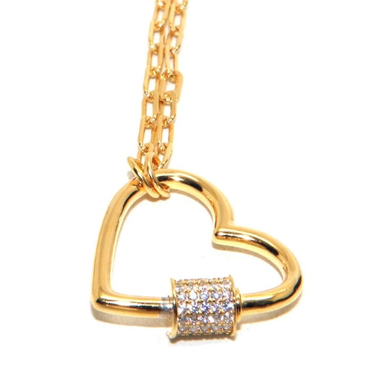 NSA|Heart necklace with zircons, 925 silver, yellow gold plated, woman staples NALBORI