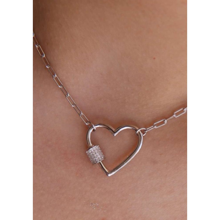 NSA|Heart necklace zircons 925 silver paperclips woman rhodium NALBORI