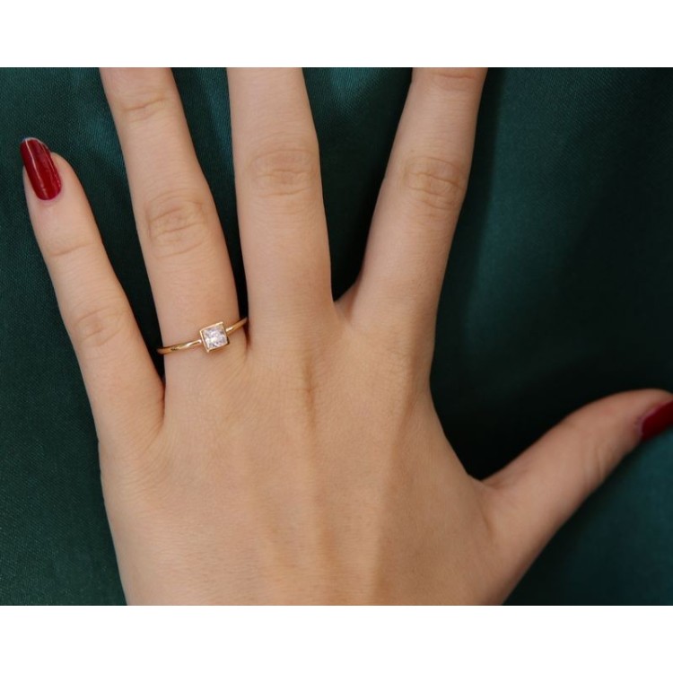 NSA|solitaire 925 silver ring carre 'yellow gold plated square zircon woman