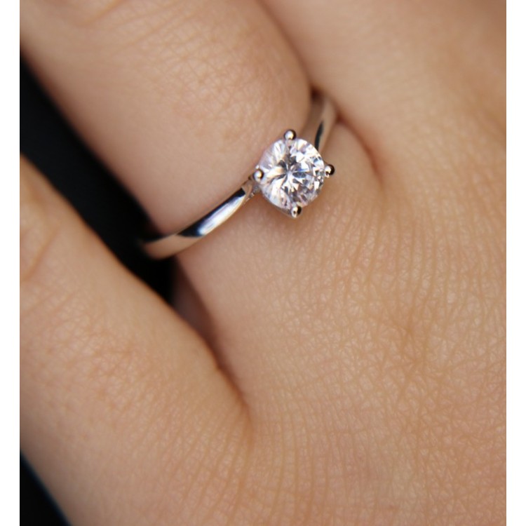 NSA|solitaire ring 925 silver zircon 5mm rhodium-plated woman