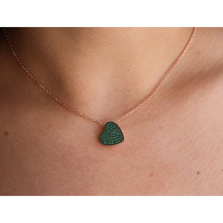 NSA|925 silver heart necklace with green zircons, rose gold plated NALBORI