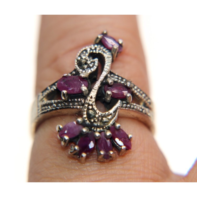 NSA|925 silver ring with marcasite ruby root swan size 17 ethnic woman