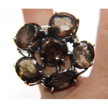 NSA|large 925 silver ring with smoky quartz size 17 brown cognac ethnic woman