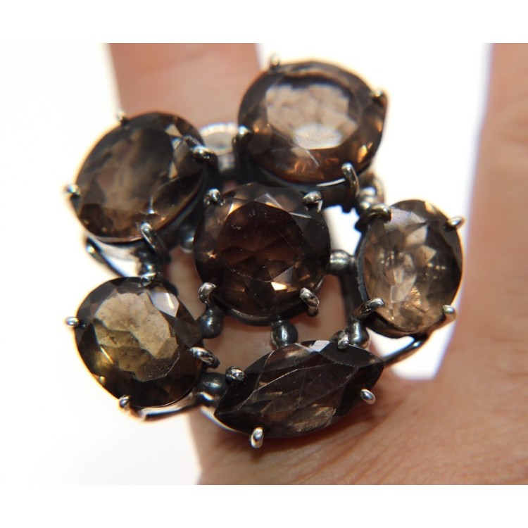 NSA|large 925 silver ring with smoky quartz size 17 brown cognac ethnic woman
