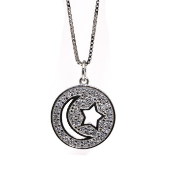 NSA|collana argento 925 luna e stella ciondolo disco zirconi donna