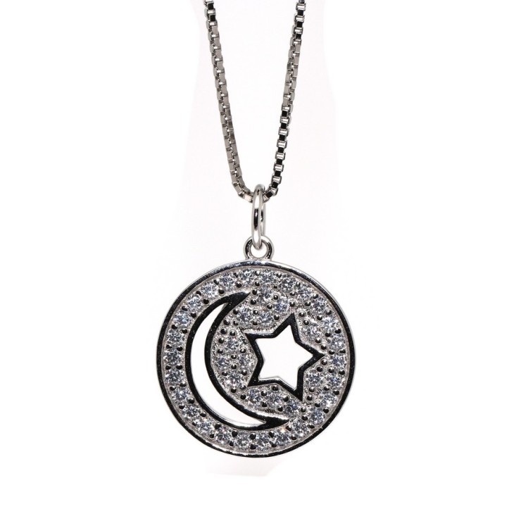 NSA|collana argento 925 luna e stella ciondolo disco zirconi donna