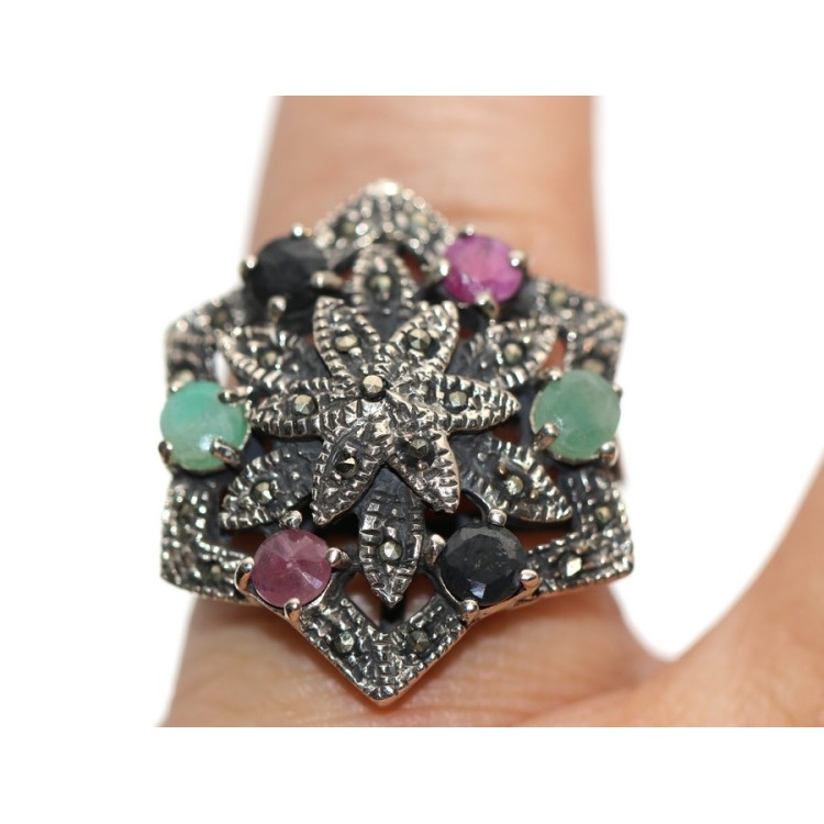 NSA|anello dodecaedro argento 925 radici rubino zaffiro smeraldo donna misura 20