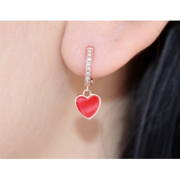 NSA|orecchini argento 925 cerchi zirconi cuore rosso placcato oro rosa donna