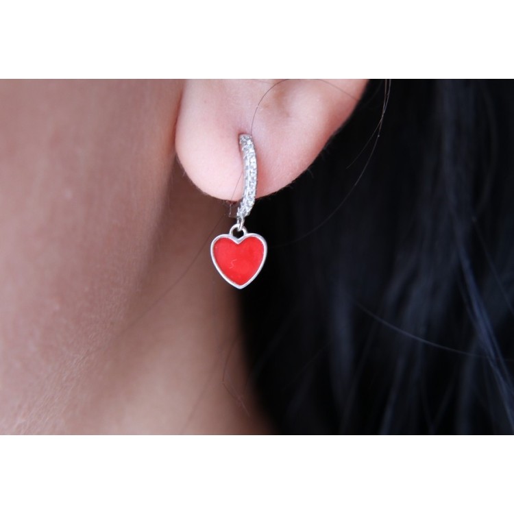 NSA|earrings 925 silver circles zircons red heart rhodium plated woman