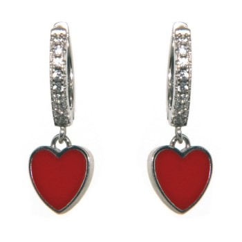 NSA|orecchini argento 925 cerchi zirconi cuore rosso rodiato donna