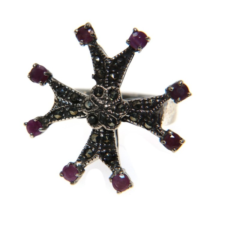 NSA|ring silver 925 celtic cross maltese ruby ​​root marcasite size 18 ethnic woman