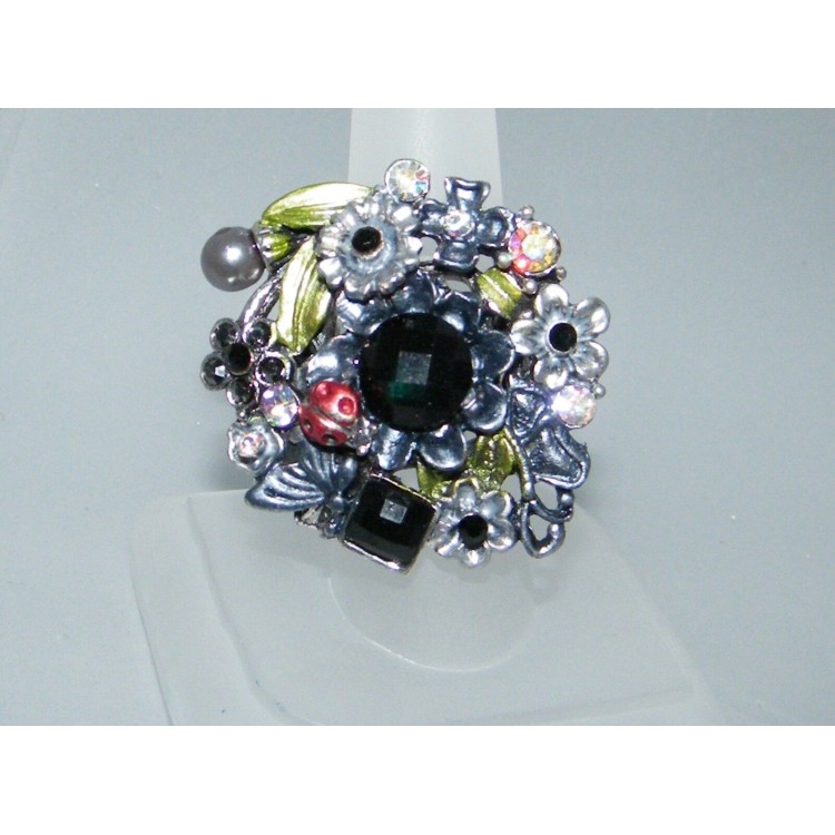 NSA|elastic ring flowers strasse black pearl ladybug dark silver alloy