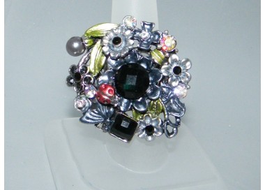 NSA|elastic ring flowers strasse black pearl ladybug dark silver alloy