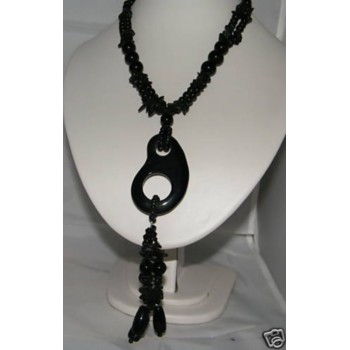 NSA|long necklace chips onyx glass pearls pendant black woman costume jewelry