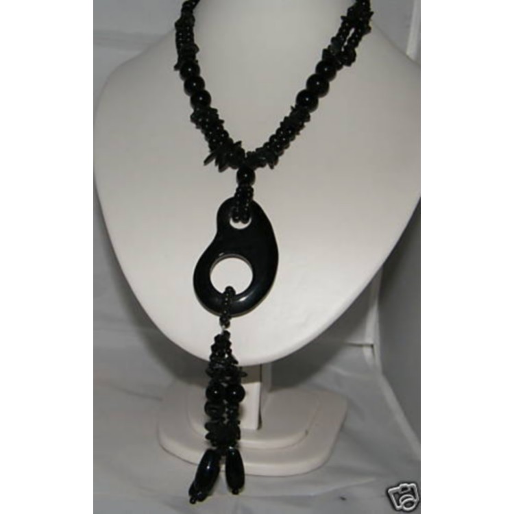 NSA|long necklace chips onyx glass pearls pendant black woman costume jewelry