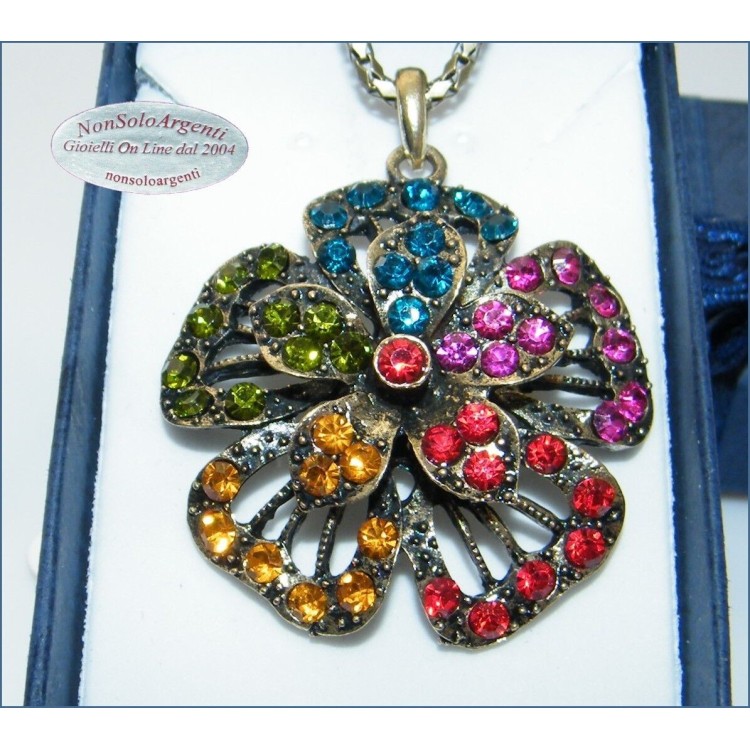 NSA|collana lunga coda di topo ciondolo fiore oro argento scuro lega