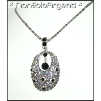 NSA|collana argentata ciondolo medaglia strass bianco o nero lega bigiotteria
